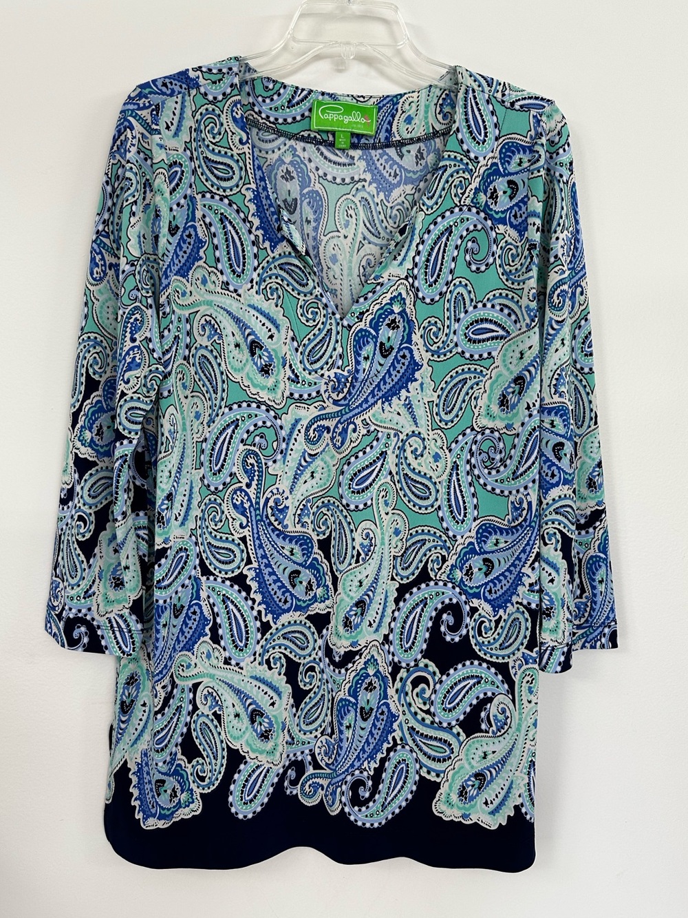 Pappagallo Tunic Top Paisley Print Navy Green Split Neck 3/4 Sleeves Size Large - Picture 5 of 5